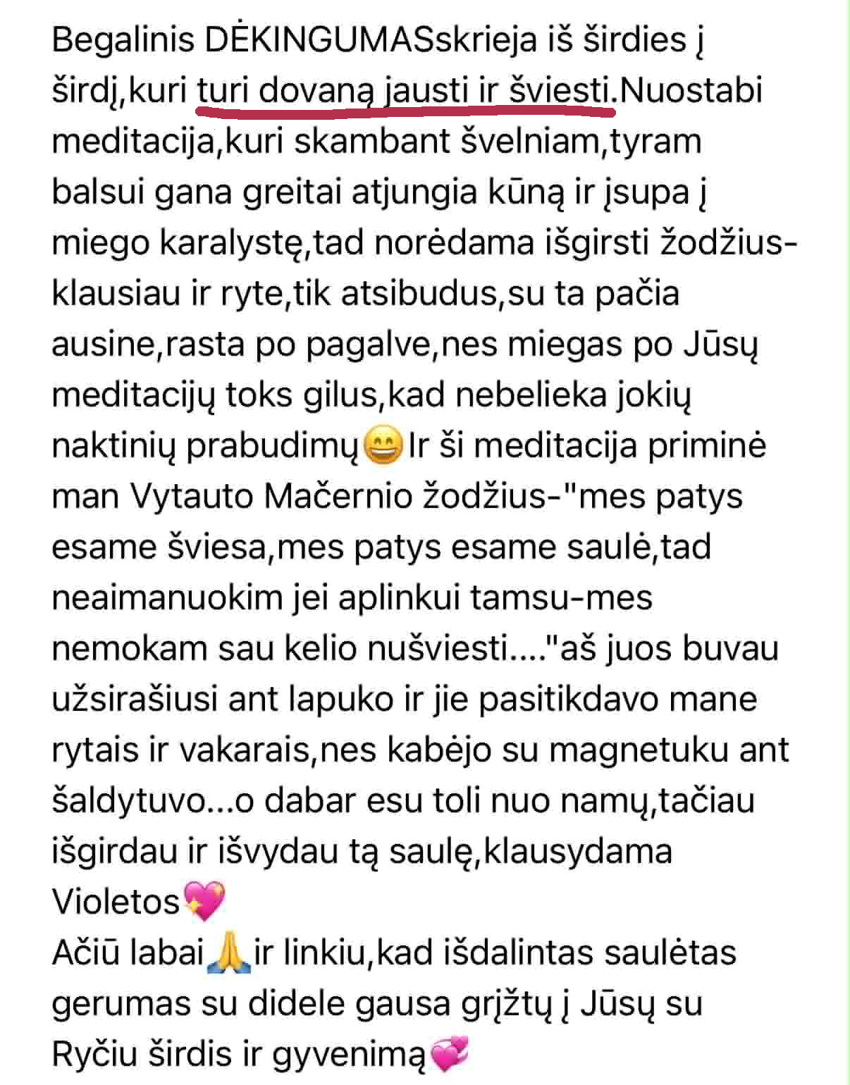 Klausytojos laiškas: miegas po Violetos meditacijų toks gilus, kad nebelieka jokių naktinių prabudimų